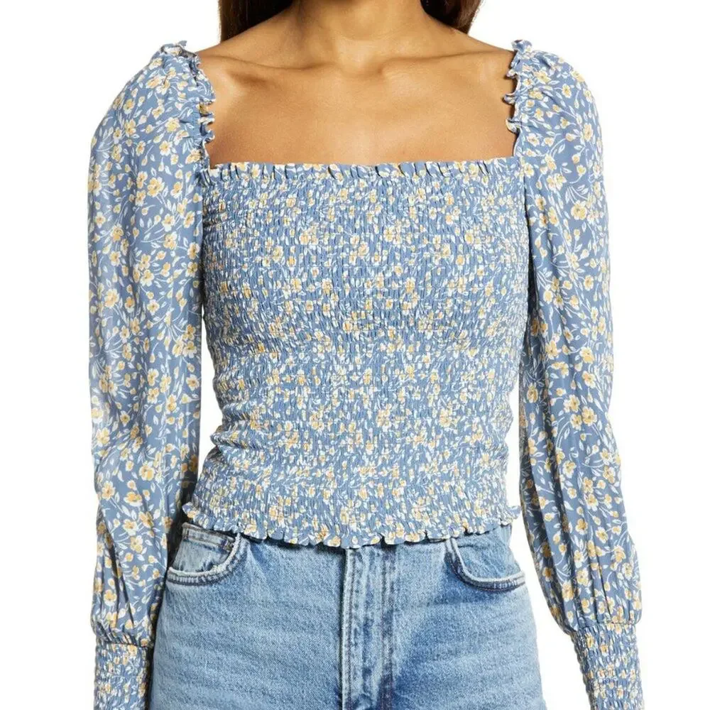 Reformation Pinto Smocked Top in Blue Wallflower